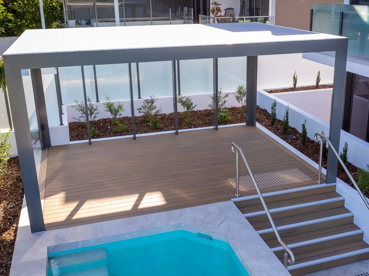 Aluminium pergola over the poolside deck at PRANA, Maroochydore